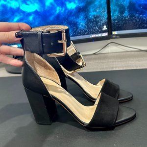 RAYE Ankle Strap Block Heels in Black Suede and Leather with Golden Buckle